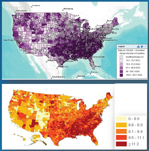 Maps show the rates of diabetes (purple) and stroke (orange) in the U.S.