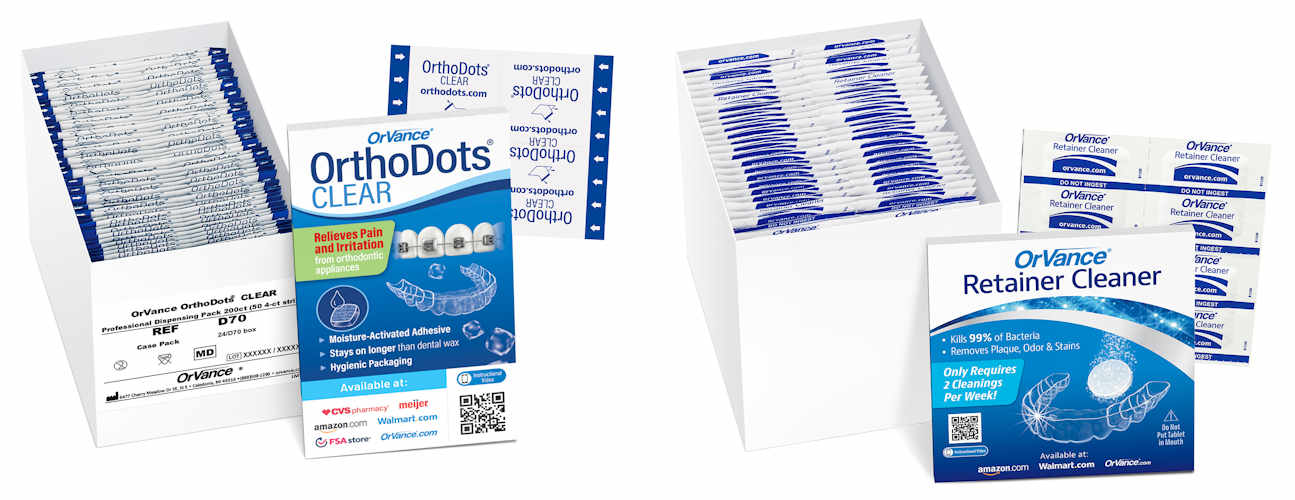 OrthoDots Clear and OrVance Retainer Cleaner now come in professional dispensing packs