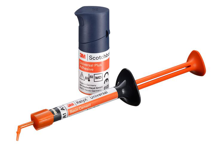 3M Scotchbond Universal Plus adhesive and 3M RelyX Universal resin cement in the self-sealing syringe