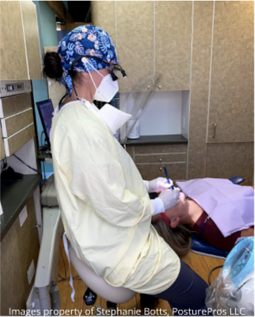 Dentist actively practicing posture while working on patient